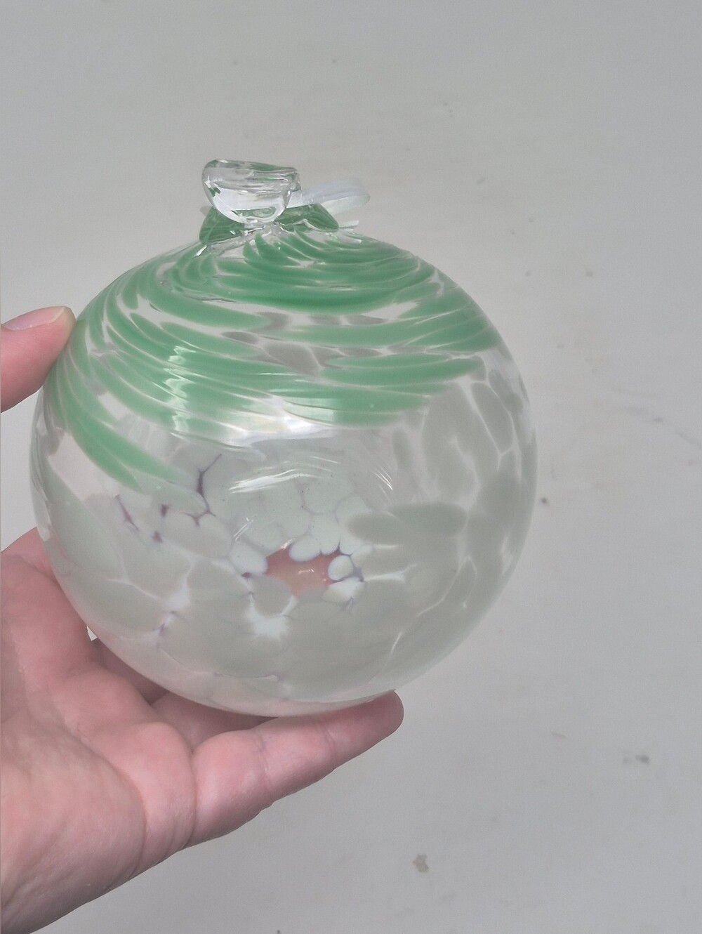 Art Glass Orb Green And White